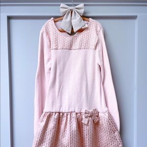 Max Studio Girls Knit and Brocade Pretty Pink Drop Waist Preppy Bow Dress